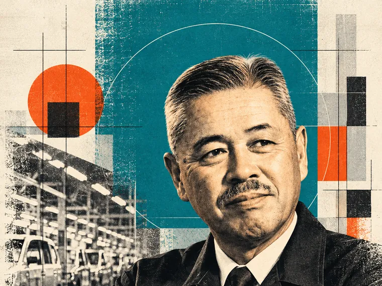 Retrato editorial de Taiichi Ohno en la línea de producción